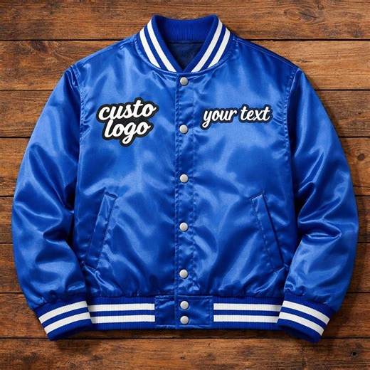 Custom Satin Varsity Jacket | Personalized Logo Jacket | Blue Bomber Jacket | Custom Text Jacket - Etsy