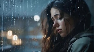 Close-up of sad caucasian woman crying next to window, on a rainy night, depicting depression and loneliness