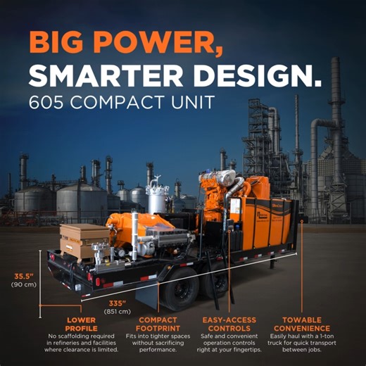 Introducing the NLB 605 Compact Unit! This machine delivers full-scale water jetting power with up to 600 horsepower (447 kW) and 40,000 psi (2,800 bar), all in a tighter, low-profile package built for real industrial demands. It fits into tight refinery and plant environments where space is limited, and there’s no need for scaffolding. Controls are positioned for quick, confident operation, and the towable design makes transport easy with just a 1-ton truck. The 605 Compact is built for heavy-d