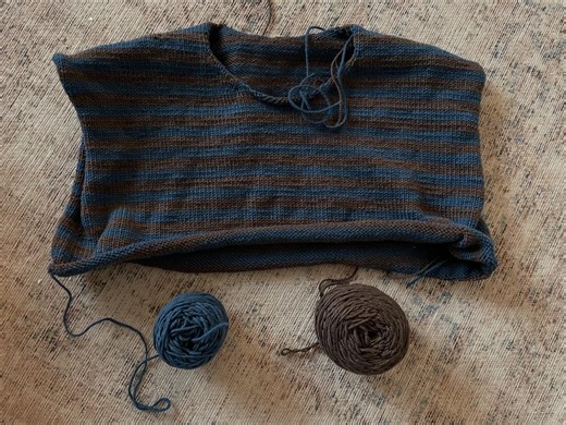 Caitlin on Instagram: "#olgasweater progress! Coming right along. I’m using @knit_picks high desert worsted wool for this. Love this yarn. So soft and squishy and has the grabby feel of unprocessed wool. An absolute favorite yarn if mine! This is leftovers from two other projects and I love the brown and blue together. #knitpicksambassador #petiteknitdesigns #pnwknitters #handknit"