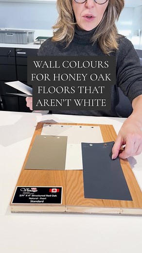 We covered white paint colours, but what if you want a non-white colour? Here are my suggested paint colours from @Benjamin Moore on this sample from Vintage Flooring. Colours mentioned: OC-45 Swiss Coffee CSP-95 Sea Salt Accent Colours: HC-85 Fairview Taupe HC-154 Hale Navy HC-187 Black Forest Green 2132-10 Black Let us know your thoughts on these colours below! #benjaminmoore #honeyoak #honeyoakfloor #honeyoakwood #hardwoodfloors #hardwoodflooring #designtips #madabouthue #colourtips #colortip