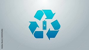 Blue line Battery with recycle symbol line icon isolated on grey background. Battery with recycling symbol - renewable energy concept. 4K Video motion graphic animation