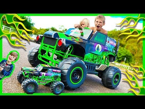 Power Wheels Ride on Monster Truck Grave Digger CRUSHES RC Monster Truck - Surprise Toy Unboxing
