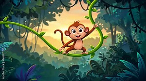 Playful cartoon monkey swinging on a vine in a vibrant jungle at sunset, surrounded by lush greenery