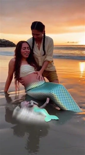The mermaid giving birth a baby on the beach of sea#naturelovers#aihub