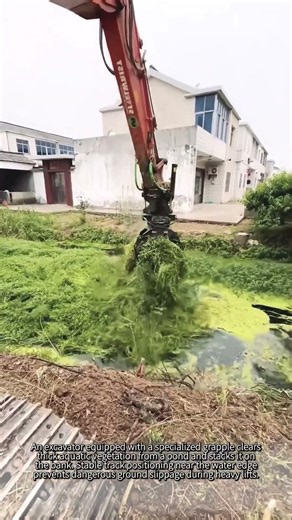 Excavator Clears Overgrown Pond Weeds #worker #process #excavator #heavyequipment #landclearing