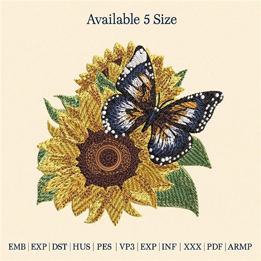 Sunflower Embroidery Design Butterfly Floral Pattern Summer Flower Nature Garden Machine Embroidery Cute Botanical Gift - Etsy