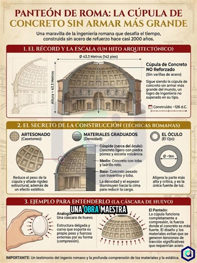 🏛️ Panteón de Roma: El misterio de la cúpula que desafía al tiempo ¿Cómo es posible que una estructura de concreto construida hace casi 2000 años siga en pie sin una sola varilla de acero? La cúpula del Panteón no solo es una maravilla estética, es el mayor logro de la ingeniería romana que aún hoy nos da lecciones de diseño. Los 3 secretos de su construcción: 1. Materiales Graduados (Densidad Inteligente) 🧪: Los romanos no usaron el mismo concreto en toda la estructura. En la base usaron conc
