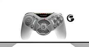 This game controller has a force feedback steering wheel lodged in the middle