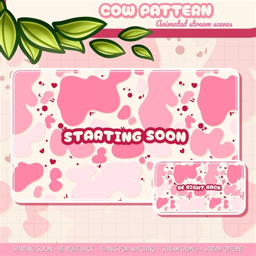 Hand-Drawn Pastel pink Cow Pattern Twitch Stream Screens: Animated Farm Vtuber Background (Digital Download)