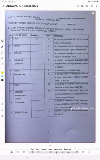 ICT Exam 2025: Answers and Definitions Matching