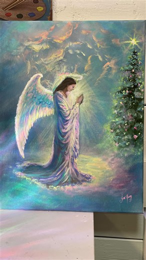 Joni Young on Instagram: "“Praying Angel” new painting and tutorial Dec 7th on Patreon #angel #winter #christmas #acrylic #painting #pray"