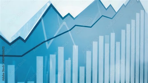 Blue financial chart with rising line and bar graph showing growth analytics and dynamic ascending