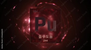 Plutonium as Element 94 of the Periodic Table. Seamlessly looping 3D animation on red illuminated atom design background orbiting electrons name, atomic weight element number in Korean language
