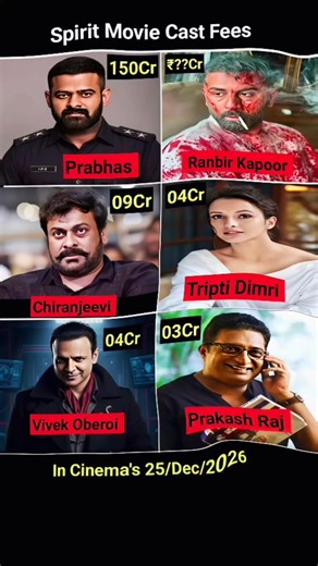 Spirit Movie Cast Fees | Prabhas, Ranbir Kapoor, Tripti Dimri | Full Star Salary Details 📝 Description In this video, we reveal the reported cast fees of the upcoming pan-India movie Spirit 🔥🎥 Check out how much Prabhas, Ranbir Kapoor, Chiranjeevi, Tripti Dimri, Vivek Oberoi, and Prakash Raj are charging for their roles. 📌 Release Date: 25 December 2026 ⚠️ Disclaimer: All cast fees shown are estimated figures based on media reports and sources, not officially confirmed. If you love Bollywood