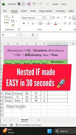 Nested IF made simple. Solve multiple conditions fast 🔥 #Excel #NestedIF #ExcelTips