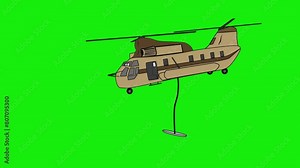 2d animated character of a giant war helicopter is flying and moving forward while a rope is hanging from it to rescue people or carry cargo. in green screen background chroma key.