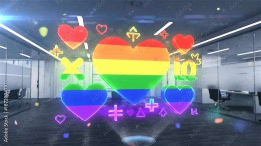LGBTQ+ pride icons in an office setting. Hologram display. For inclusive business practices, diversity in the workplace, and positive company culture