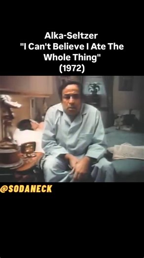 Sodaneck on Instagram: "In 1972, Alka-Seltzer aired one of the most iconic commercials in advertising history—"I Can’t Believe I Ate The Whole Thing." The ad featured actor Milt Moss as an overstuffed husband regretting his overindulgence, while his wife sarcastically reminded him of his choices. The now-legendary line became a pop culture catchphrase, referenced in everything from sitcoms to movies. With its mix of humor and relatability, the commercial cemented Alka-Seltzer’s place as the go-t