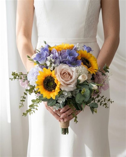 Sunflower Lavender Artificial Wedding Bouquet 14": Lavender Hydrangea, Blush Rose ,bridal Bridesmaid Flowers - Etsy
