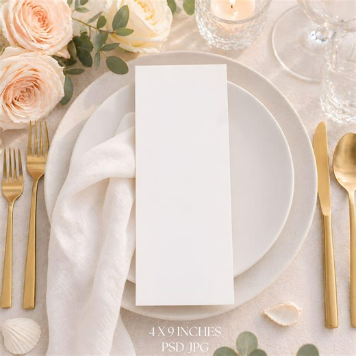 Beach Wedding Menu Card Mockup PSD 4x9, Coastal Reception Dinner Plate Display, Bridal Party Table Smart Object Photopea Template - Etsy
