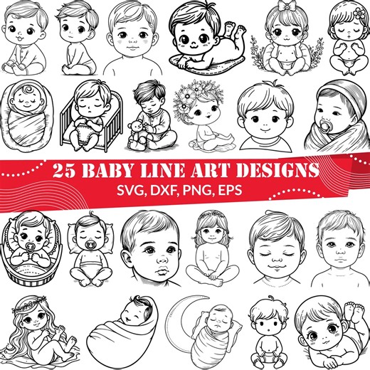 25 Baby Line Art SVG Bundle - Newborn Portrait Clipart, Cute Infant Sketch Designs, Nursery Wall Art, Cute Infant Sketch - Etsy