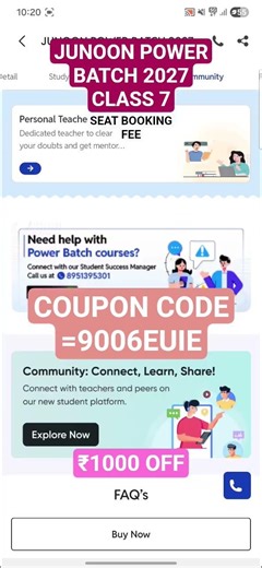 PW JUNOON POWER BATCH 2027 CLASS 7TH SEAT BOOKING ₹1000 OFF COUPON CODE=9006EUIE,7070CKQE,6203UBFE