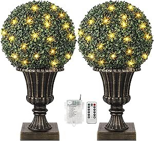 GarveeHome 16" Artificial Plant Topiary Ball, Pre-Lit Artificial Topiary Plant with Lights, Timer and Remote Control, Artificial Outdoor Porch Trees with Gold Urn Base for Outdoor Indoor, Gold