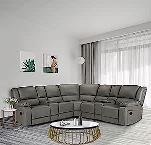 YUNLife&Home Symmetrical 107.5” Sectional Manual Motion Sofa,Breathable PU Leather Upholstered L-Shaped Recliner Corner Sofá Couch with Console&4 Cup Holders for Large Living Room Furniture Set, Grey
