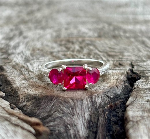 Three Stone Ruby Ring, Cushion Cut Ruby Engagement Ring, Oval Side Stone Ring, White Gold Ring, Bridal Promise Ring, Gift for Her - Etsy