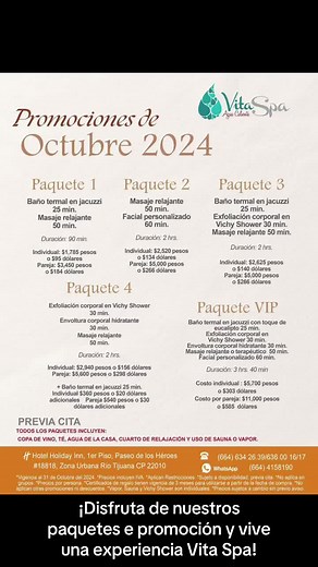 🍂🍁¡Celebra la llegada del otoño con Vita Spa y nuestras promociones del mes! ⛲️ Disfruta de un momento para ti en tu spa de tradición con los mejores tratamientos de bienestar y belleza. Contamos con servicios individuales y para parejas. Recuerda que también contamos con certificados de regalo físicos y digitales con vigencia de 3 meses para utilizarse a partir de la fecha de compra. ¡Te esperamos! ⛲️✨ Visítanos en 📍Hotel Holiday Inn, 1er piso. Paseo de lo Héroes #18818-101 Zona Urbana Río T