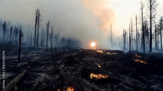 Natural disaster. Devastating loss aftermath scene. A landscape photograph capturing a forest fire scene during what appears to be the aftermath of a controlled burn.