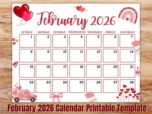 February 2026 Month Printable Calendar | Heart Monthly Calendar Pink | Printable Valentine's Day Calendar W/ Hearts | Digital Download - Etsy