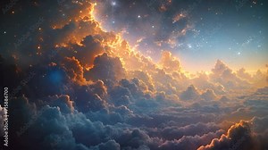 Ethereal background of formations of pink clouds and twinkling stars with copyspace, colored beautiful landscape Magical fantasy sky with sunlight