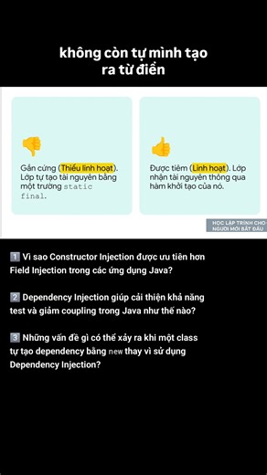 Java bài 43 | Ưu Tiên Dependency Injection Trong Java – Giảm Coupling, Dễ Test, Dễ Mở Rộng... #DependencyInjection #Java #Spring #CleanCode #SOLID #ConstructorInjection #SoftwareArchitecture #BestPractices #BackendDevelopment #JavaDeveloper | Học lập trình cho người mới bắt đầu