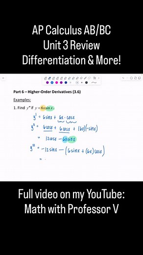 Professor V 👩‍🏫 on Instagram: "Quick AP Calculus Unit 3 Review 💥 Chain Rule, Implicit, and Inverse Differentiation — all in one place. These are the most tested concepts on the AP exam, so make sure you know them cold before Unit 4! Full-length lectures and walkthroughs are up on my YouTube channel — Math with Professor V 📘 xoxo, Professor V ⸻ #APCalculus #CalculusReview #ChainRule #ImplicitDifferentiation #InverseFunctions #CalculusAB #CalculusBC #DerivativeRules #APExamPrep #MathWithProfes