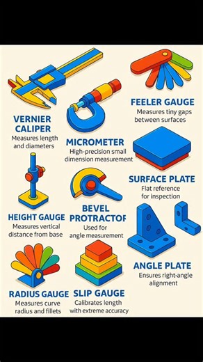 mechanical worlz on Instagram: "Mechanical Measuring Tools Precision Makes the Difference: 1. VernierCaliper ✓Function: Measures length, outer diameter, inner diameter,and depth. ✓Use Case: Ideal for general-purpose measurements with moderate precision. ✓Accuracy: Up to 0.02 mm (or 0.001 in, depending on type). 2. Micrometer ✓Function: Provides high-precision measurement for small dimensions. ✓Use Case: Used for measuring thicknesses and diameters of small objects. ✓Accuracy: Up to 0.001 mm. 3. 