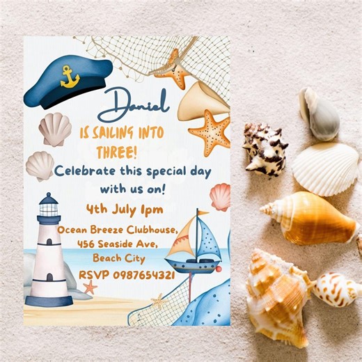 Nautical Birthday Invitation for Boys, Sailing Boat Ocean Theme Birthday Invite, Editable Printable 3rd Birthday Party Invitation - Etsy