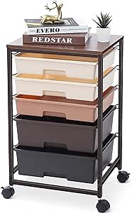 TOOLF Utility Cart with 5 Drawers,Storage Drawer Cart with Wooden Tabletop and Lockable Wheels,Craft Storage Trolley Cart,5-Tier Rolling Utility Cart on Wheels (Brown)