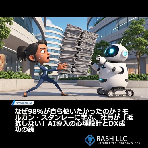 RASH LLC / 合同会社RASH 望月昌一 on Instagram: "💡なぜ98%が自ら使いたがったのか？モルガン・スタンレーに学ぶ、社員が「抵抗しない」AI導入の心理設計とDX成功の鍵 📰DXの壁はシステムではなく「人の心」 「ウチの社員はITに疎くて…」「新しいシステムを入れても、どうせ使われない」 中小企業の経営者様から、こうしたデジタル・トランスフォーメーション（DX）に関するお悩みを伺うことは少なくありません。 高価なシステムを導入したものの、現場では結局、昔ながらのExcelや紙の業務が続いている。これは、決して珍しい話ではないのです。 多くの場合、DXやAI導入が失敗する最大の要因は、ツールの性能ではなく、社員の「心理的抵抗」にあります。 人は本能的に「変化」を嫌い、「今までのやり方」を変えることに強いストレスを感じます。これは行動経済学でいう「現状維持バイアス」と呼ばれるものです。 さらに、「AIに仕事を奪われるのではないか」という「損失回避」の感情が加わると、抵抗勢力はより強固なものになってしまいます。 📰98%が熱狂したモルガン・スタンレーのAI し