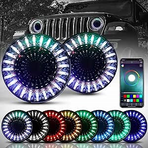 SUNPIE 7 inch RGBW Halo LED Projector Headlight IP67 Waterproof APP/Remote Control 20 Color Changing Modes Custom Colors, Music Mode Voice Mode Compatible with 07-18 JK/JKU, 97-06 TJ LJ,76-86 CJ