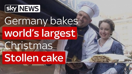 If you thought Britain was baking mad - this 2.8 tonne Christmas Stollen cake, created by more than 60 bakers in Germany, had to be carried on a horse-drawn carriage | Sky News