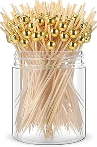 200 Pcs Cocktail Picks Long Cocktail Toothpicks Bamboo Toothpicks for Appetizers Fruits Food Skewers Sticks for Drinks Dessert Wedding Birthday Party(Gold Pearls)