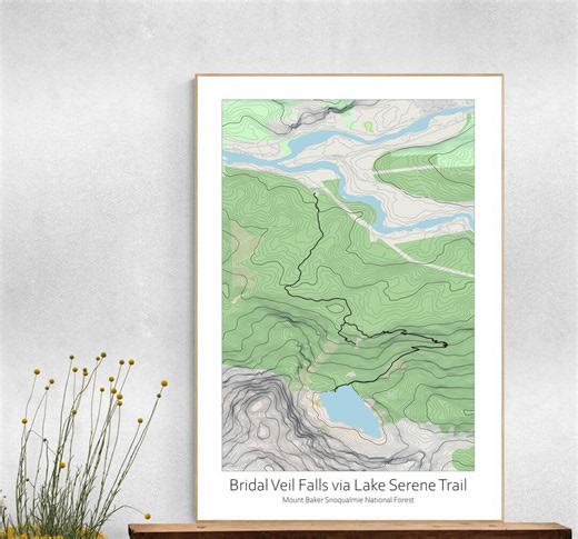 Mapa topograficzna szlaku Lake Serene, wodospad Bridal Veil, plakat z dziką przyrodą stanu Waszyngton - Etsy Polska