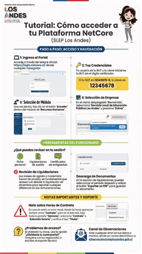 Servicio Local de Educación Pública de Los Andes on Instagram: "🔊Atención funcionarios y funcionarias de SLEP Los Andes ¡Cómo acceder a la plataforma netCore! Este recurso es clave para que los funcionarios del Servicio Local de Educación Pública Los Andes puedan aprovechar al máximo las herramientas disponibles. En un esfuerzo por mejorar la comunicación y el acceso a la información, hemos diseñado un tutorial fácil de seguir que incluye gráficos institucionales y funcionalidades importantes. 