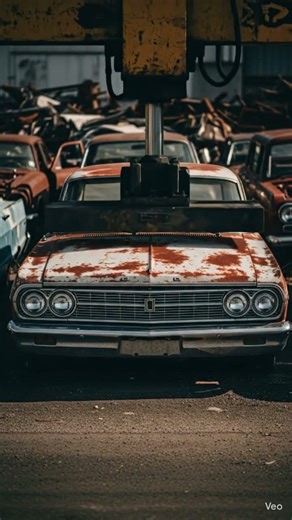 Old sedan placed on a metal platform |Massive hydraulic press above