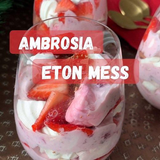 176K views · 947 reactions | Ambrosia Eton Mess 殺 New Recipe Alert  Another easy dessert you can prep the day before your Christmas feast.  Layers of creamy ambrosia with fresh fruit, crushed meringues, marshmallows and flaky chocolate. Full recipe here: https://vjcooks.com/ambrosia-etonmess/ | VJ cooks | Facebook