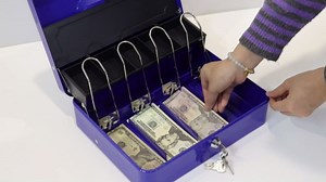 Metal Cash Box with Lock and Money Tray for Business and Home Use, 5 Coin Slots, 4 Bill Slots, Includes 4 Keys, 11.8" x 9.4" x 3.5", Blue