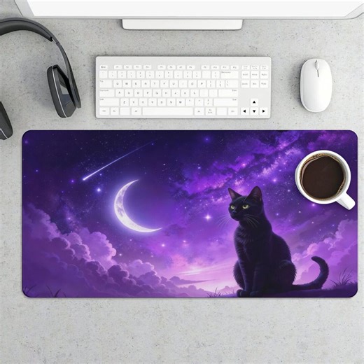 Black Cat Crescent Moon Desk Mat – Purple Galaxy Shooting Star Gaming Mousepad - Etsy