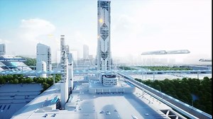 Futuristic city, town. The concept of the future. Aerial view. Realistic 4k animation.
